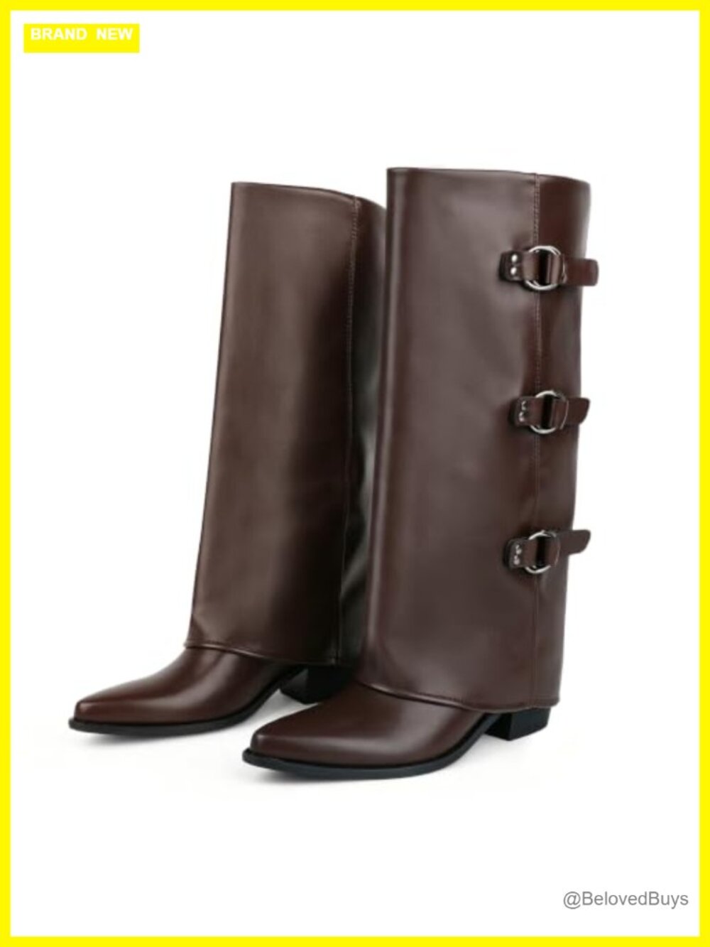 Women's Faux Leather Knee High Boots with Buckle Detail